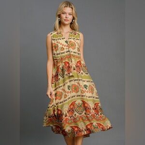 #39 Sleeveless Boho Floral Midi Dress in Olive & Rust